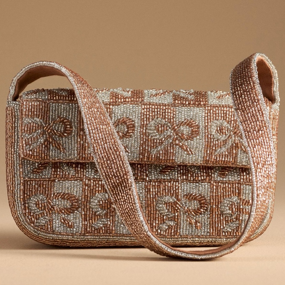 NWT Anthropologie Maeve Fiona Shoulder Bag- beaded Metallic Bow